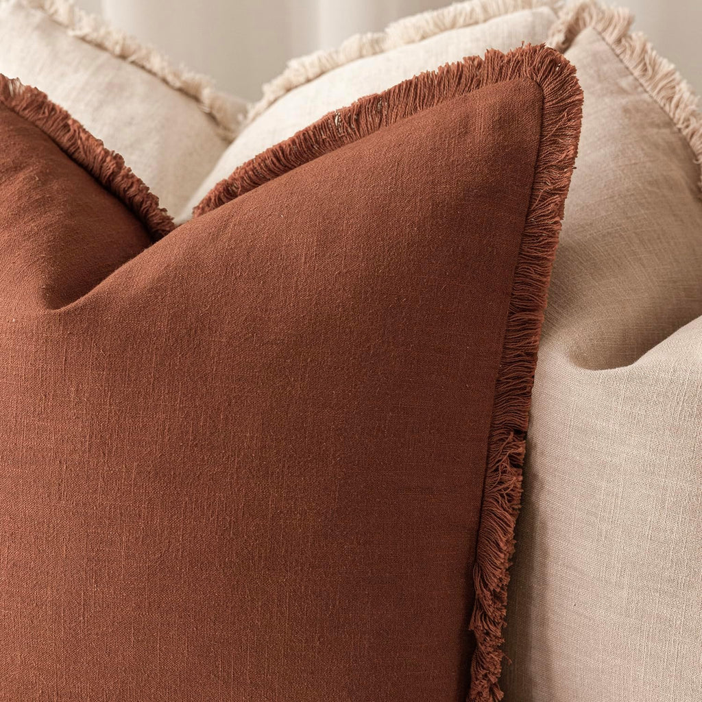 Foindtower Set of 2 Decorative Linen Fringe Throw Pillow Covers Farmhouse Cushion Cover with Tassels Soft Accent Pillowcase for Couch Chair Sofa Bed Living Room Home Decor,20×20 Inch,Fall Rust Orange