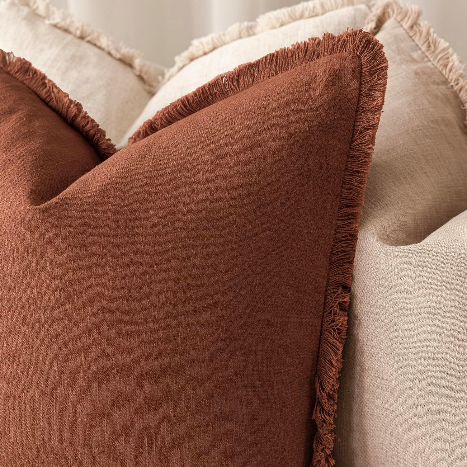 Foindtower Set of 2 Decorative Linen Fringe Throw Pillow Covers Farmhouse Cushion Cover with Tassels Soft Accent Pillowcase for Couch Chair Sofa Bed Living Room Home Decor,20×20 Inch,Fall Rust Orange