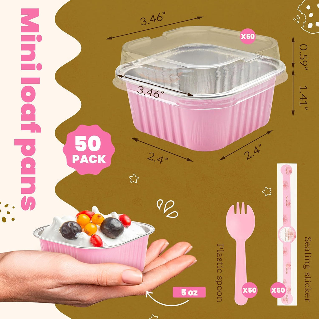 NPLUX 50 Pcs Mini Cake Pans with Lids and Spoons Aluminum Foil Mini Square Baking Cups with Lids Disposable Ramekins Cake Pans Dessert Cups for Wedding(Pink,5oz)