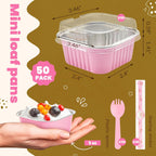 NPLUX 50 Pcs Mini Cake Pans with Lids and Spoons Aluminum Foil Mini Square Baking Cups with Lids Disposable Ramekins Cake Pans Dessert Cups for Wedding(Pink,5oz)
