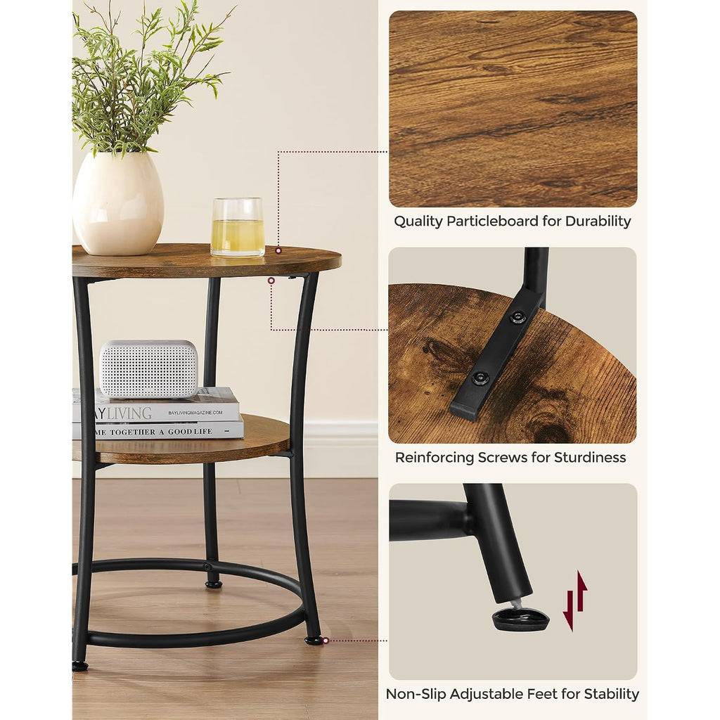 Vasagle 21.7-Inch Round Side Table, 2-Tier End Table | Nightstand With Steel Frame, Spacious Top, For Small Spaces, Living Room, Bedroom, Rustic Brown And Ink Black Ulet56Bx