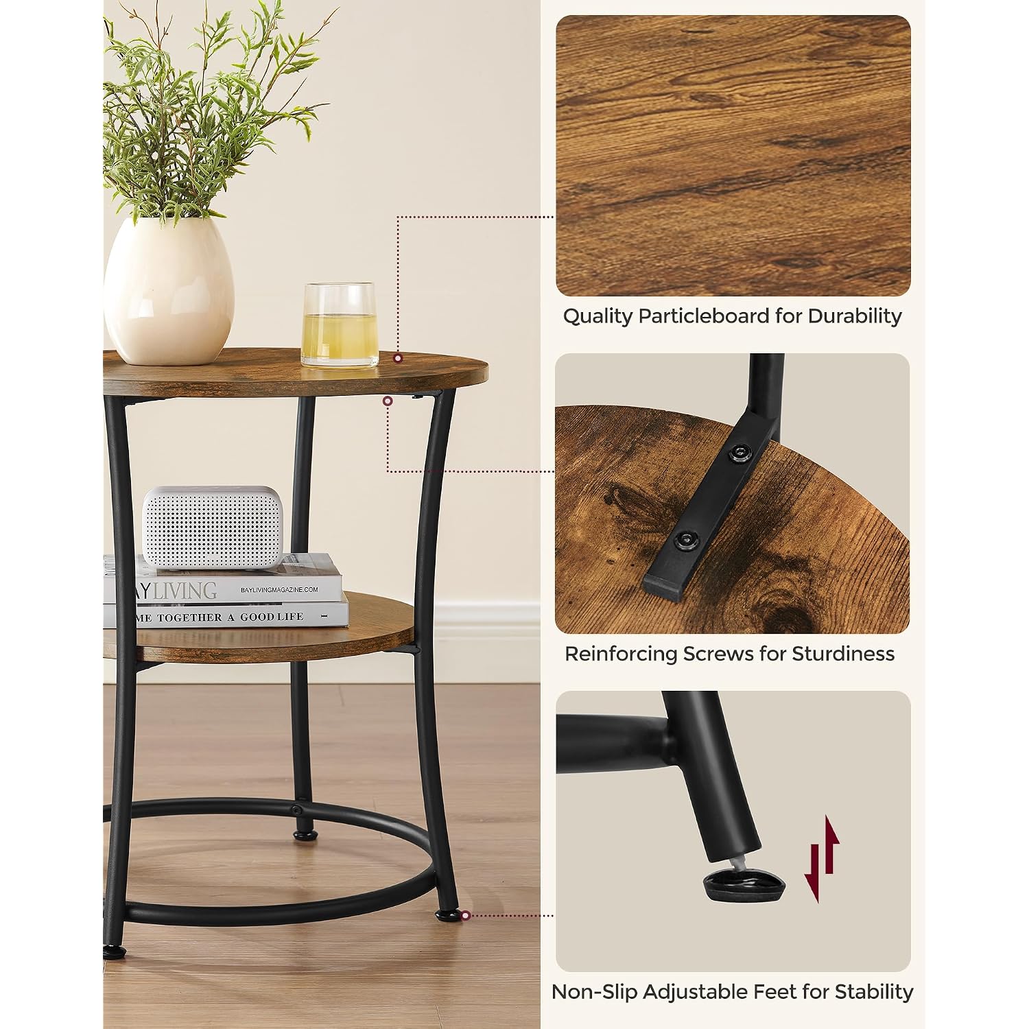 Vasagle 21.7-Inch Round Side Table, 2-Tier End Table | Nightstand With Steel Frame, Spacious Top, For Small Spaces, Living Room, Bedroom, Rustic Brown And Ink Black Ulet56Bx