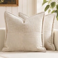 MIULEE Decorative Throw Pillow Covers for Couch Bed Livingroom 18x18 Inch Set of 2 Beige Boho Accent Throw Pllows Broadside Striped Patchwork Soft Corduroy Pillowcases