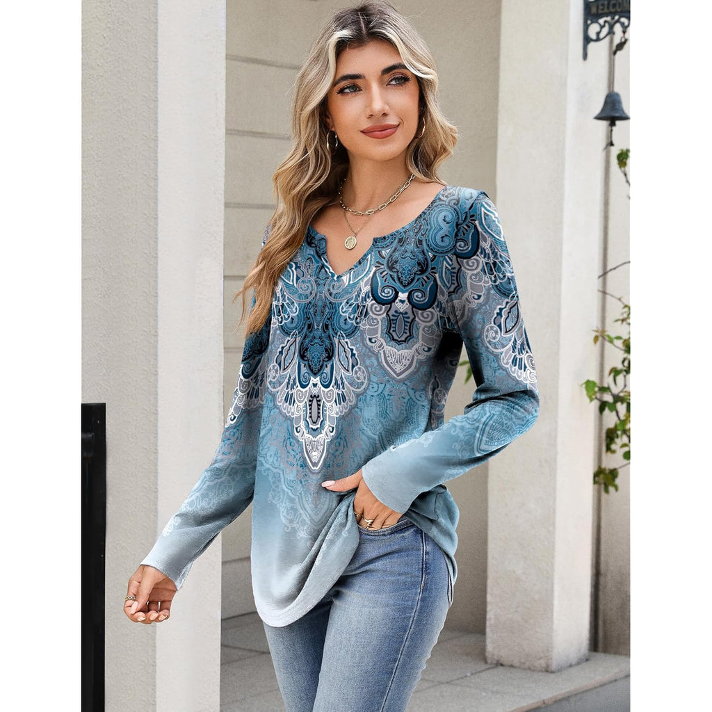Long Sleeve Shirts for Women Spring Tops Casual Dressy V Neck Blouses Boho Tunic Western Clothes Vacation Outfits