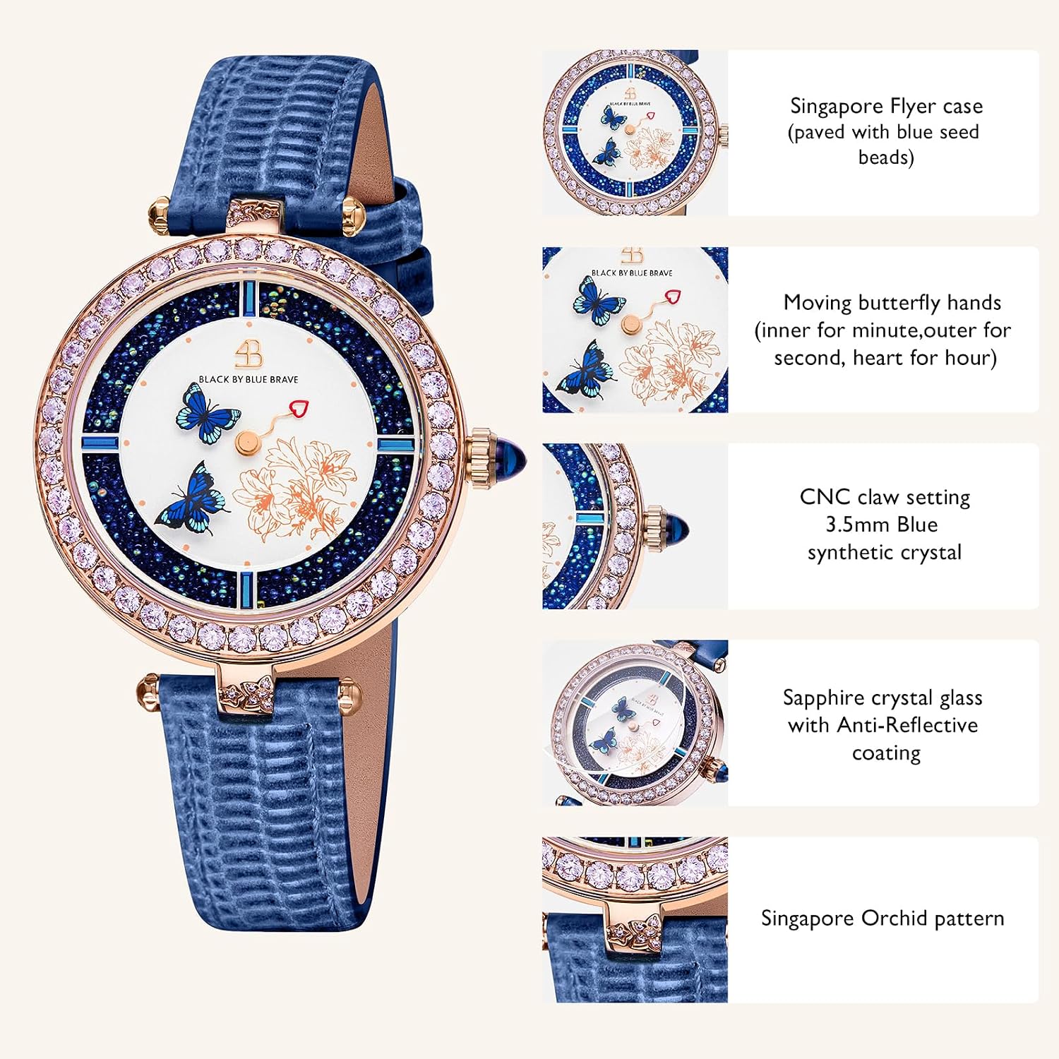 Black By Blue Brave Butterfly Watch For Women, Moving Butterfly Hands | Sapphire Crystal, Genuine Leather, 40 Cz Stones — Unique Gift Watch For Wife, Daughter, Birthday, Elegant Every Day