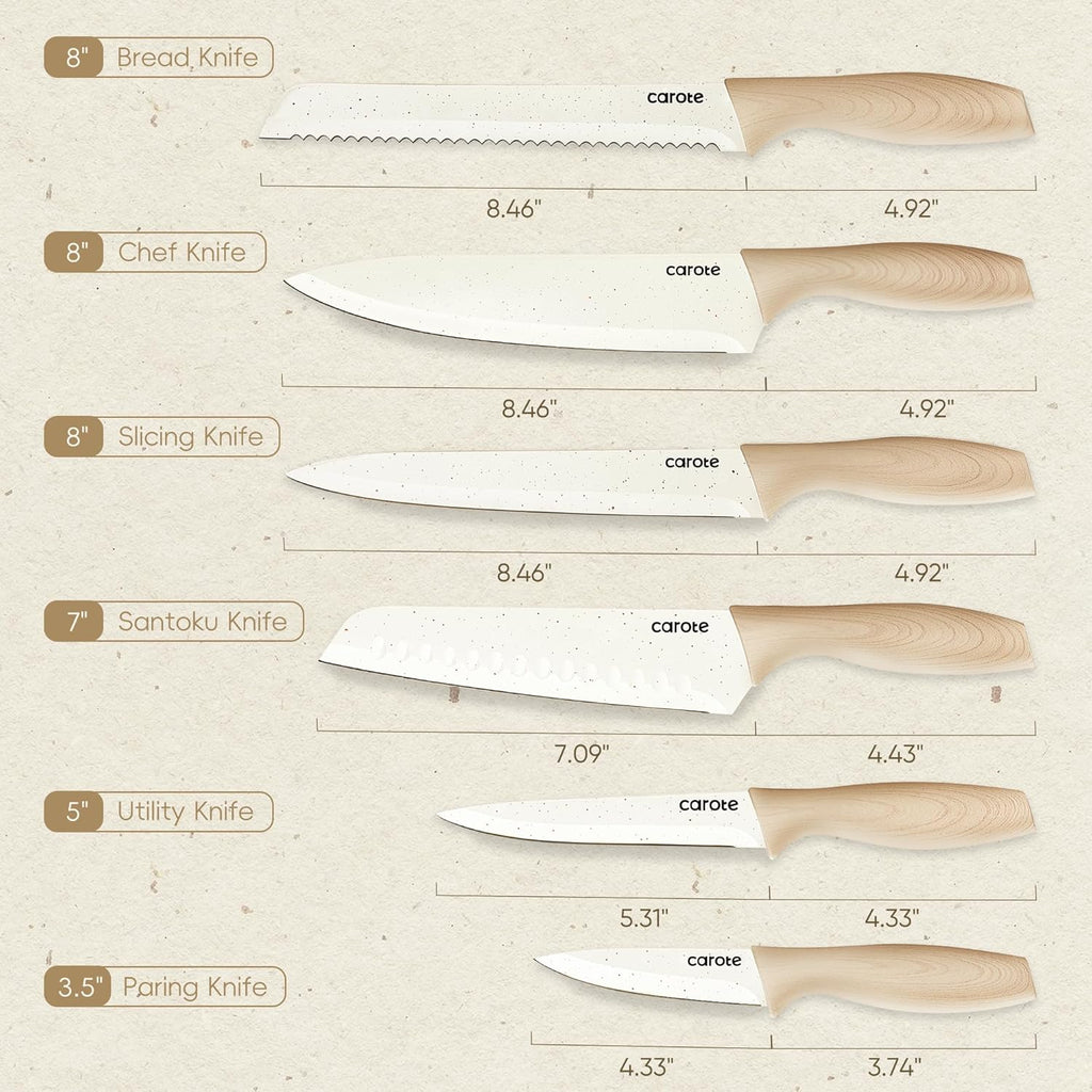 CAROTE 12PCS Knife set with Blade Guards,Granite Nonstick Ceramic Coating,Stainless Steel blade, Anti-Slip Handle, Essential Knives, Rustproof, White