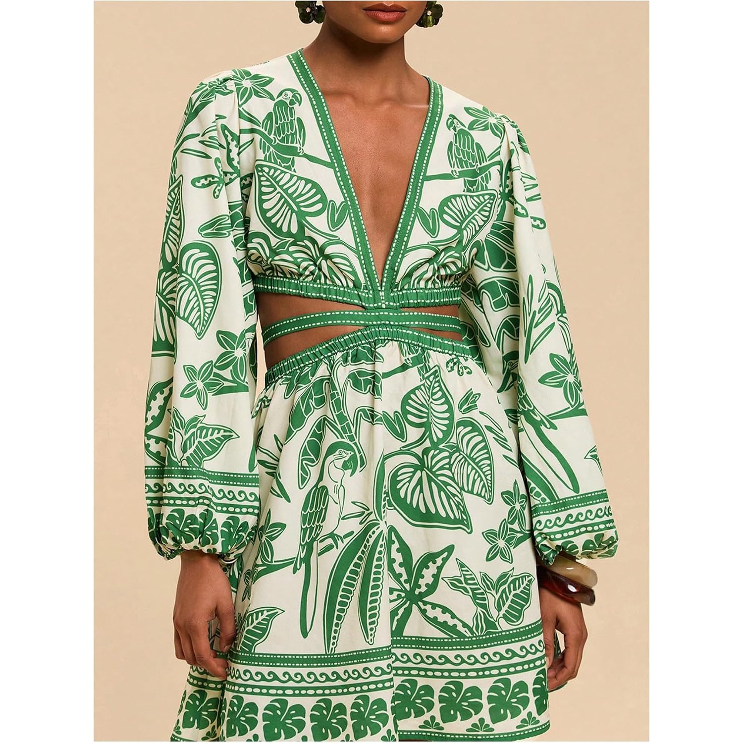 Floerns Women'S Tropical Bishop Sleeve Mini Dress Cut Out Tie Back V Neck Beach A Line Dresses