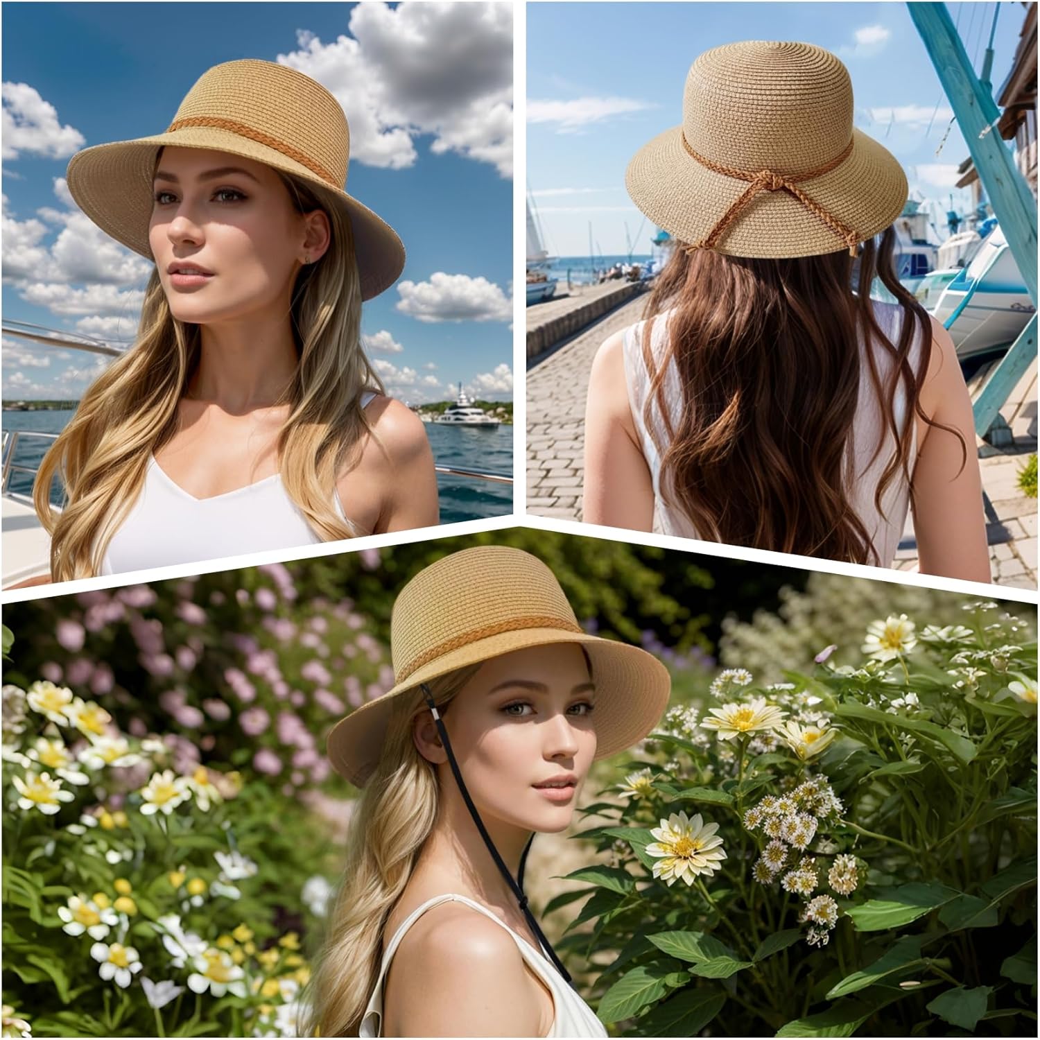 Beach Sun Straw Hats for Women, Summer Sun Protection Foldable Packable Wide Brim Hat