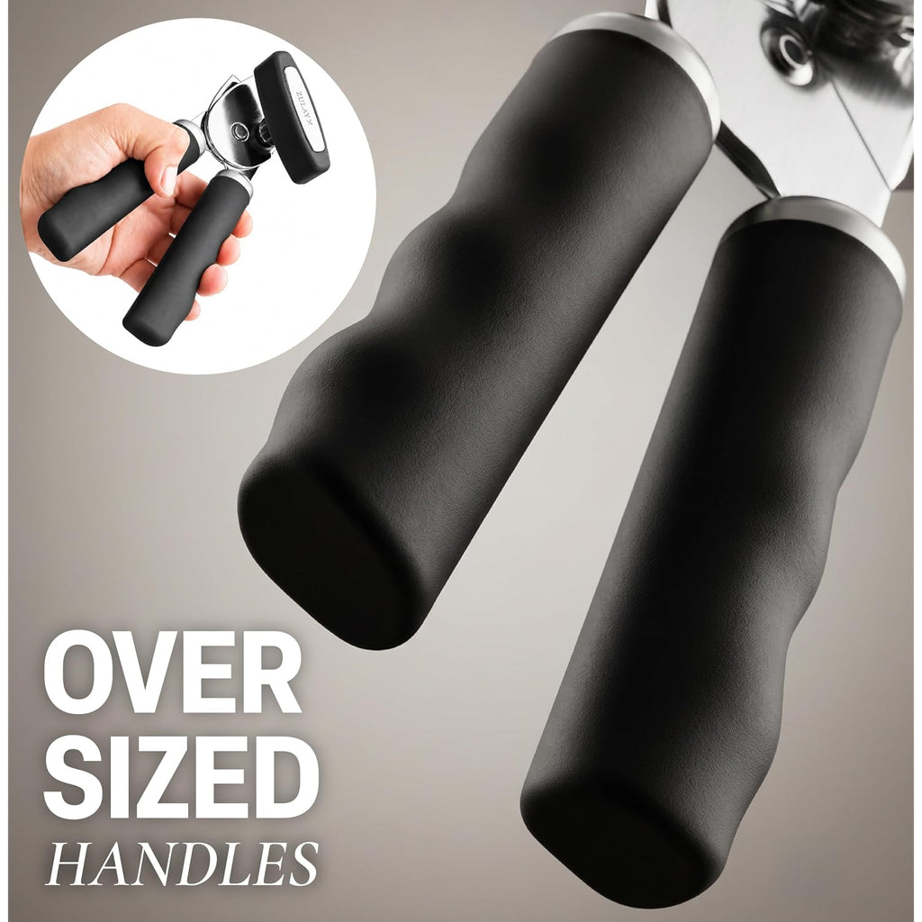Zulay Kitchen Heavy Duty Stainless Steel Can Opener Manual With Bottle Opener - Rust Proof Manual Can Opener With Turn Knob & Comfy Soft Grip Handles - Black