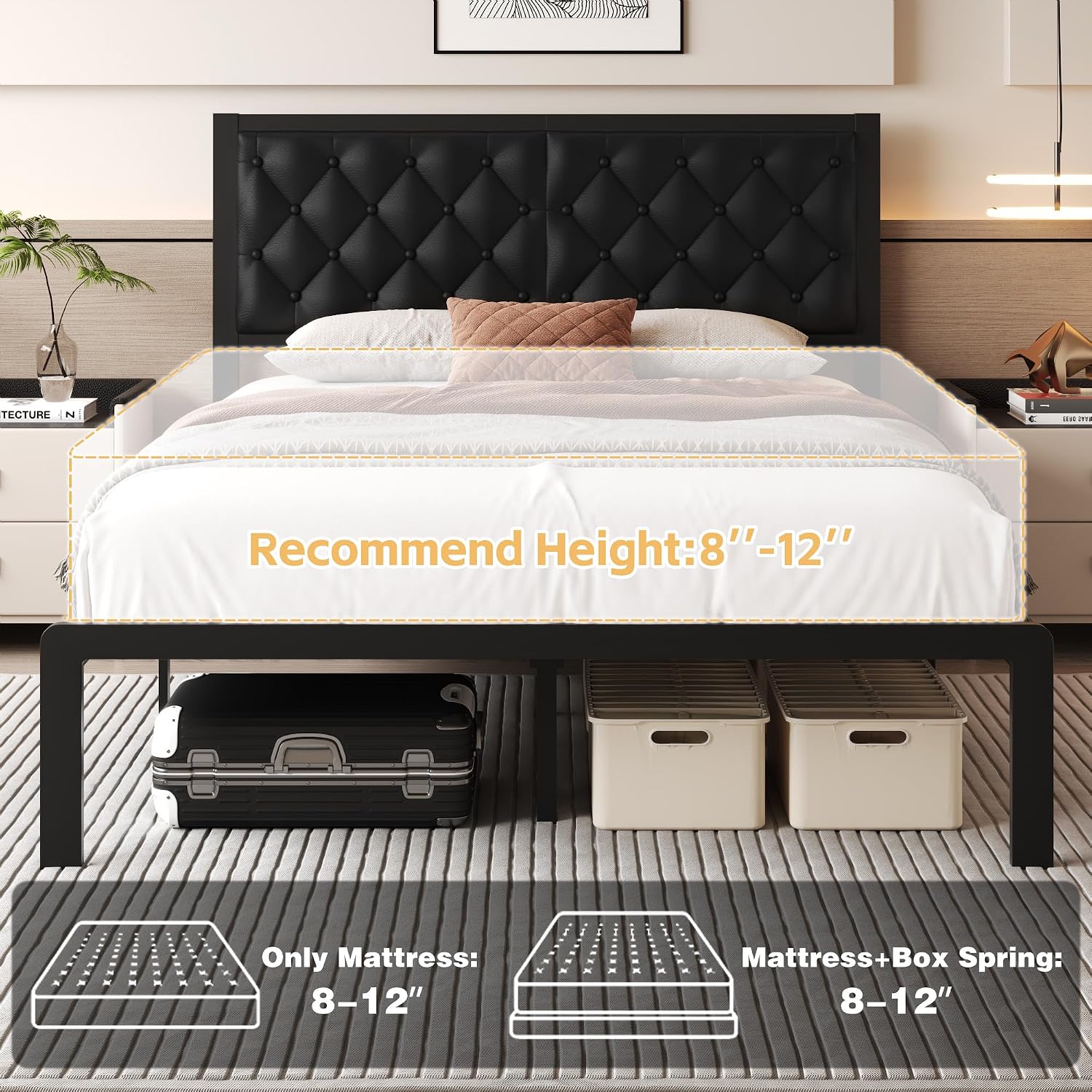 Queen Bed Frame With Headboard Pu Leather Upholstered Bed Frame Platform,All Metal Slats Support Platform Bed Frame With Storage Space,Easy Assembly,Noise Free,No Box Spring Needed,Black