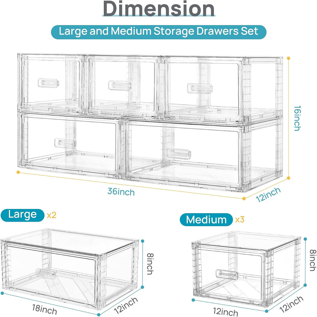 Vtopmart 5 Pack Large & Medium Storage Stackable Drawers Set | Easy Assembly Clear Plastic Storage Cabinet, Durable Dresser For Closet, Bedroom, Entryway, Playroom & Apartment Organization