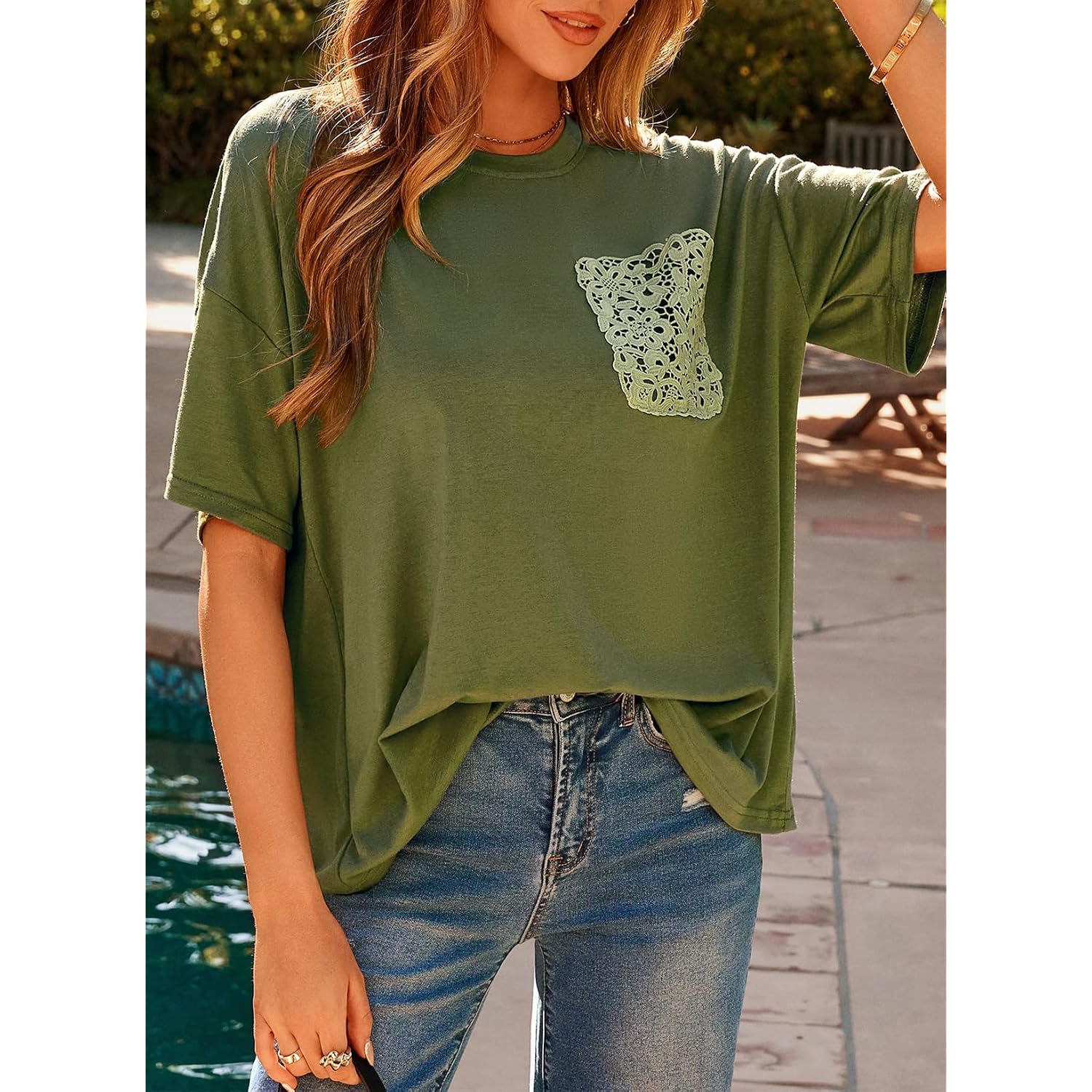 Dokotoo Womens Tops Cute Lace Summer Short Sleeve 2026 Oversized Casual T Shirts Lace Pockets