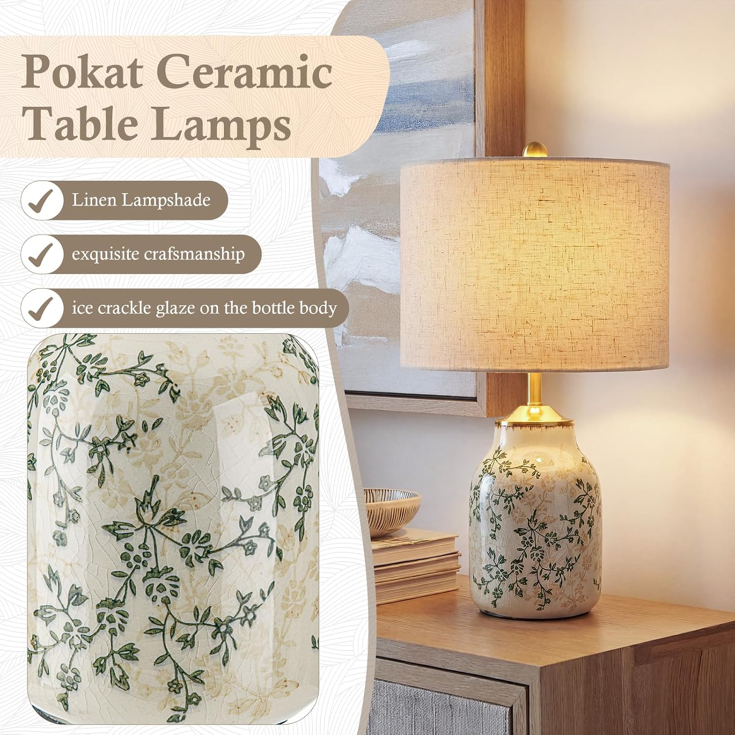 Tellingyou 1 Pcs 21" Vintage Green Ceramic Lamp With Beige Linen Shade Farmhouse Modern Table Lamp Ice Cracked Rose Floral For Bedroom Living Room Office Dorm Desk Table Rocker, Bulbs Not Included