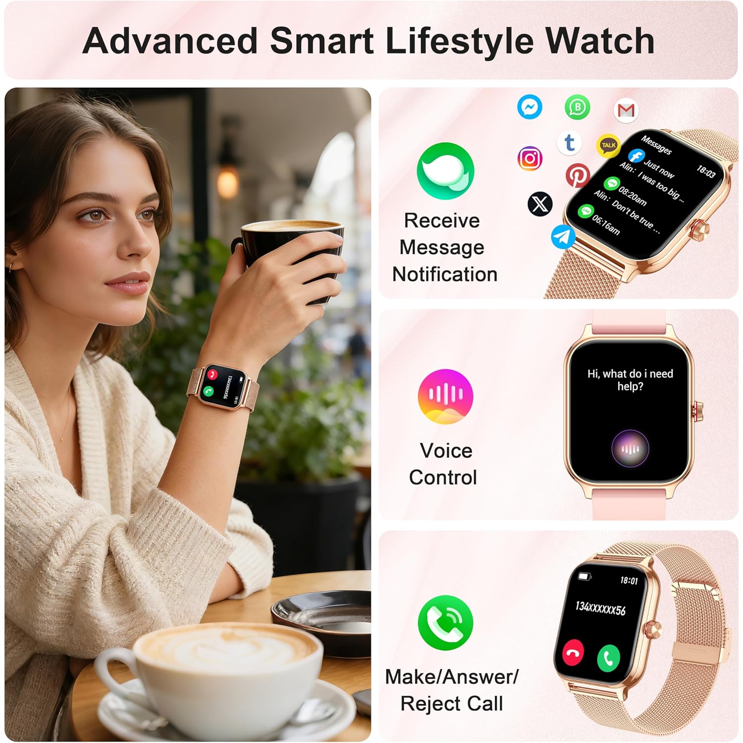 Smart Watch For Women & Men, 2026 New 1.96’’ Reloj Inteligente Para Mujer Answer/Make Calls, Blood Pressure, Hr, Sleep Monitor, 110+ Sport Modes, Voice Assistant Fitness Watch For Ios Android Phone
