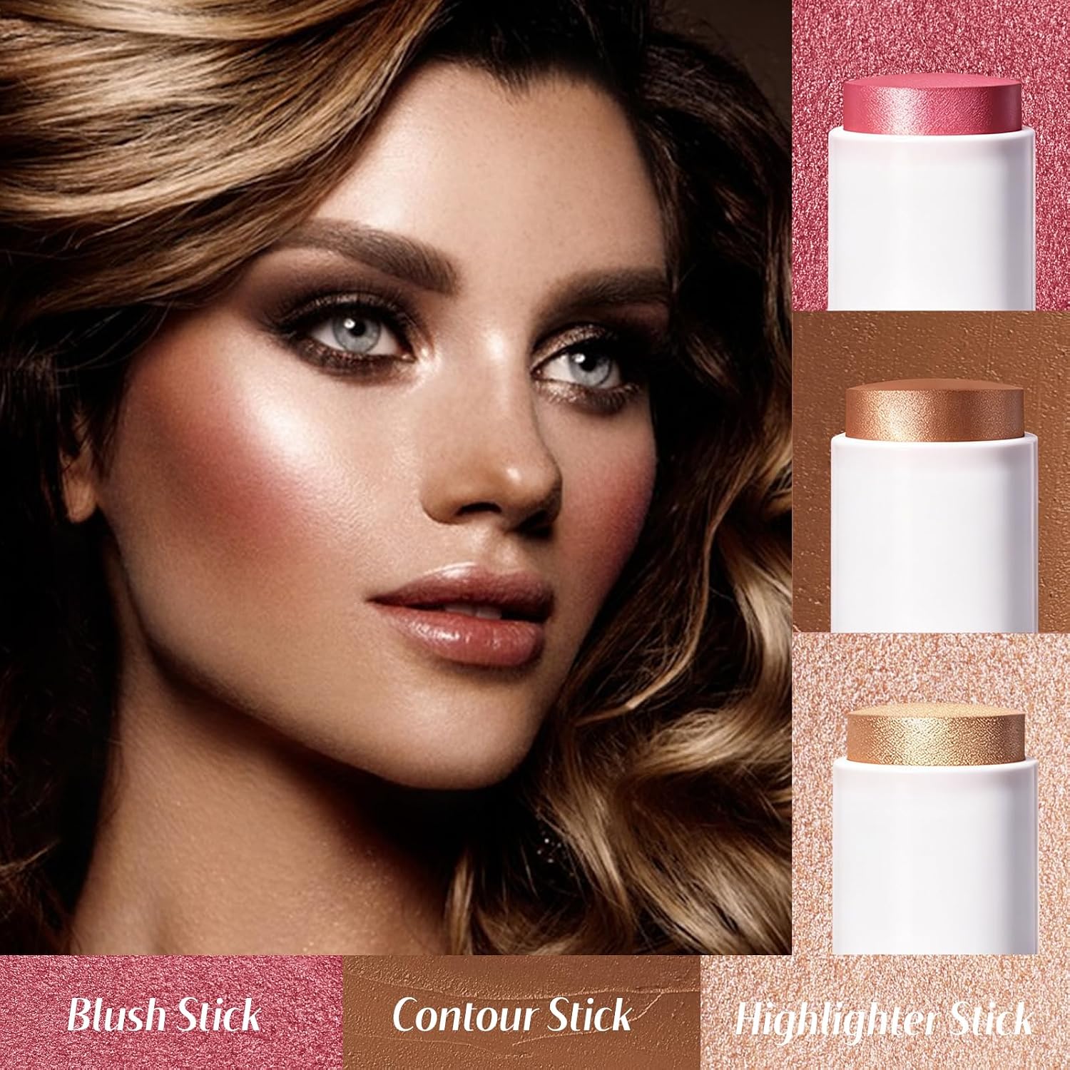Kimuse Face Sticks Trio, Cream Blush Stick & Highlighter Stick & Contour Stick For Sculpt The Cheeks, Long Lasting Cream Contour Stick Trio For Face Makeup, With Brush