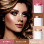 Kimuse Face Sticks Trio, Cream Blush Stick & Highlighter Stick & Contour Stick For Sculpt The Cheeks, Long Lasting Cream Contour Stick Trio For Face Makeup, With Brush