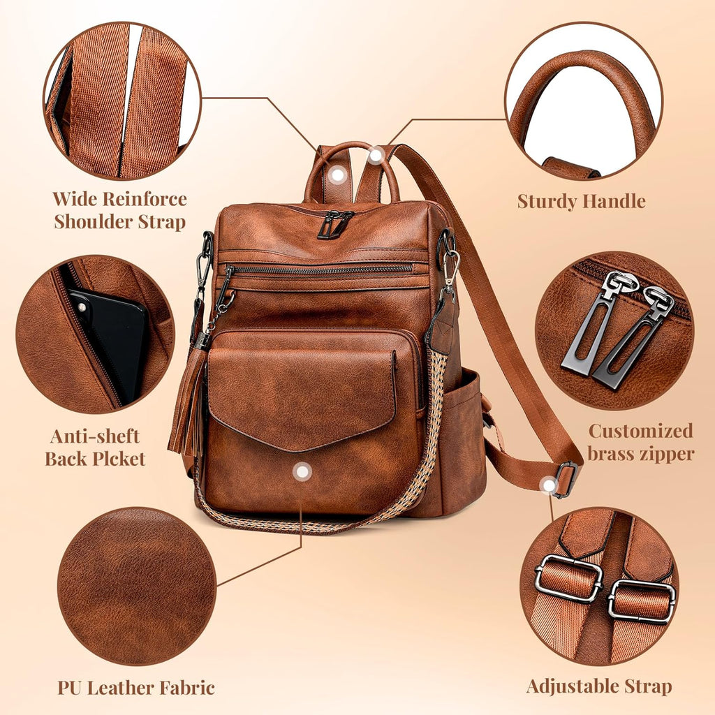 PU Leather Backpack Purse for Women | Anti-theft Ladies Shoulder Bag Handbag Suitable for Work, Travel, and Daily Use (Brown)