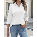 Akewei Womens 3/4 Length Sleeve Tops V Neck Casual Basic Tees Work Polo Shirts Collared Summer Top With Front Pocket