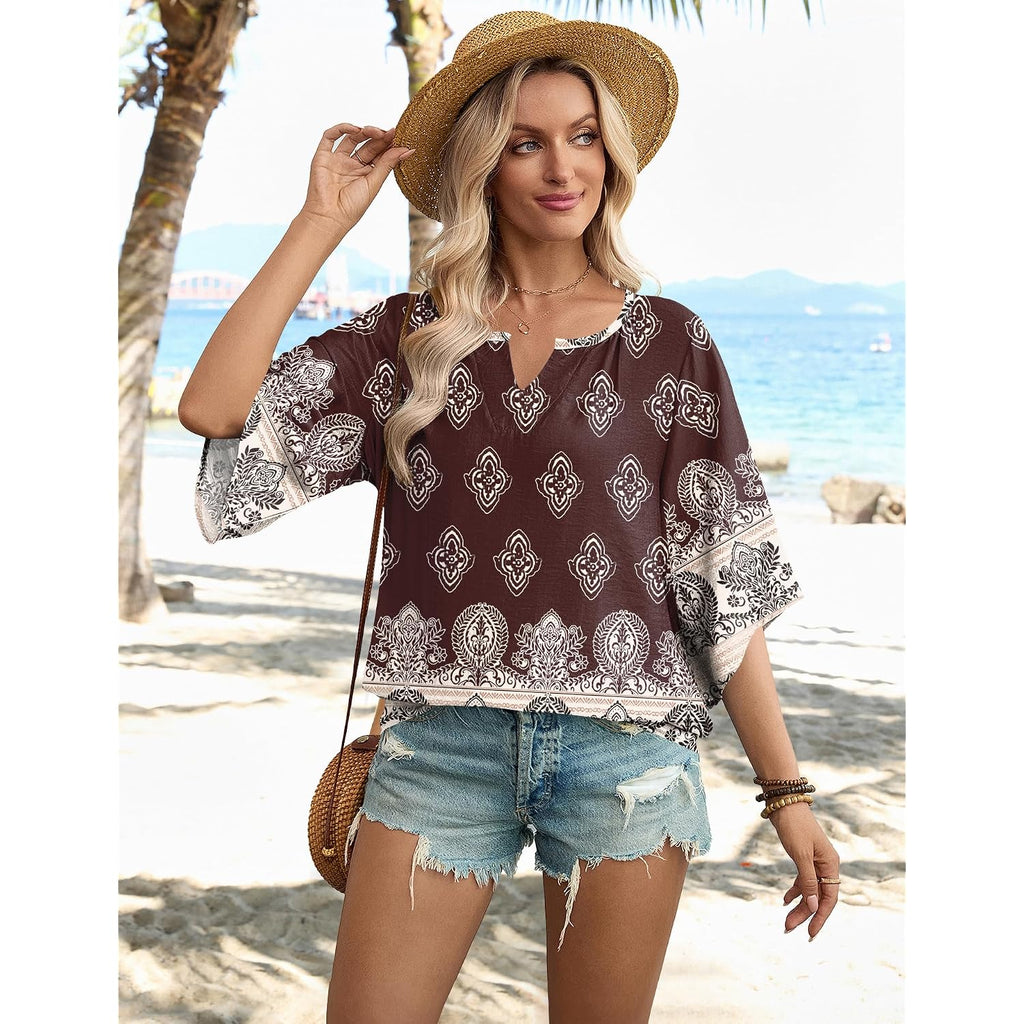 LOMON Women's 3/4 Length Sleeve Boho Tops V Neck Casual Vacation Clothes Loose Fit Tunic Shirts S-3XL