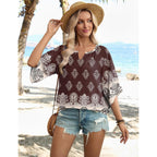 LOMON Women's 3/4 Length Sleeve Boho Tops V Neck Casual Vacation Clothes Loose Fit Tunic Shirts S-3XL