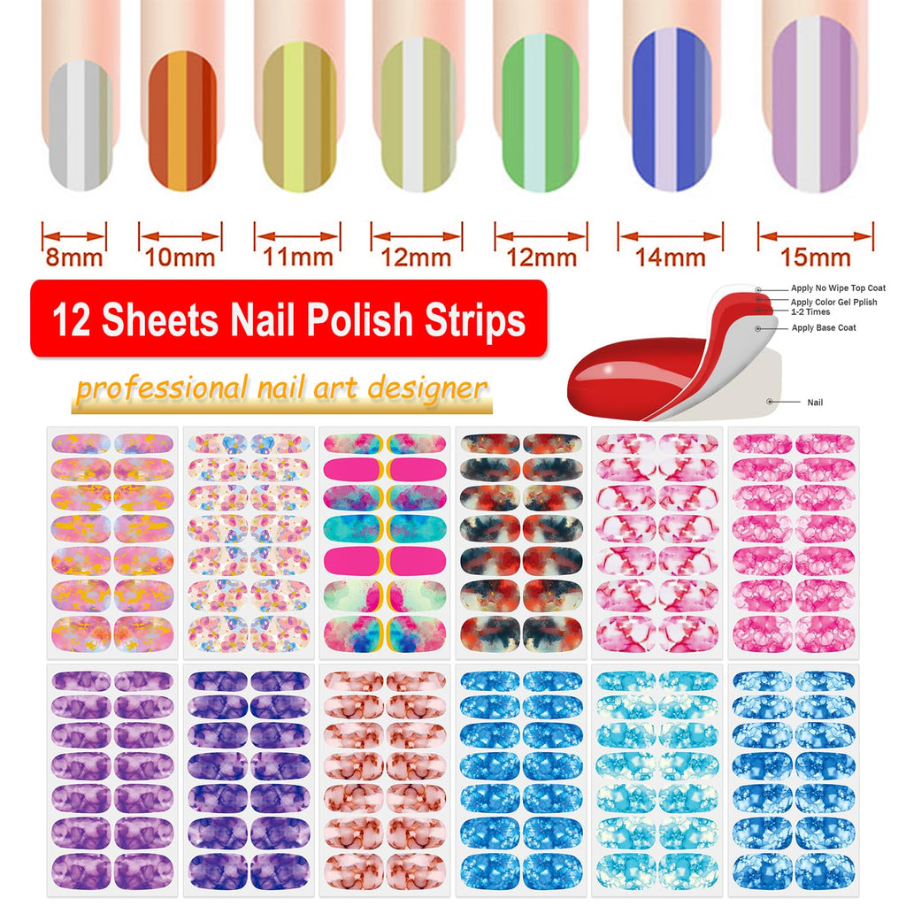 12 Sheets Iridescent Marble Nail Polish Stickers Full Nail Wraps for Women, Blue, Acrylic, Modern Style, Nail Art Stickers and Decals, Glossy Finish, 168 Pieces