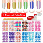 12 Sheets Iridescent Marble Nail Polish Stickers Full Nail Wraps for Women, Blue, Acrylic, Modern Style, Nail Art Stickers and Decals, Glossy Finish, 168 Pieces