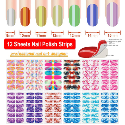 12 Sheets Iridescent Marble Nail Polish Stickers Full Nail Wraps for Women, Blue, Acrylic, Modern Style, Nail Art Stickers and Decals, Glossy Finish, 168 Pieces
