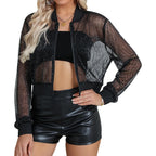 Nlife Women Sheer Mesh Sparkly Crop Bomber Jacket See Thru Glitter Rave Festival Clubwear Night Out Party Concert Outfit