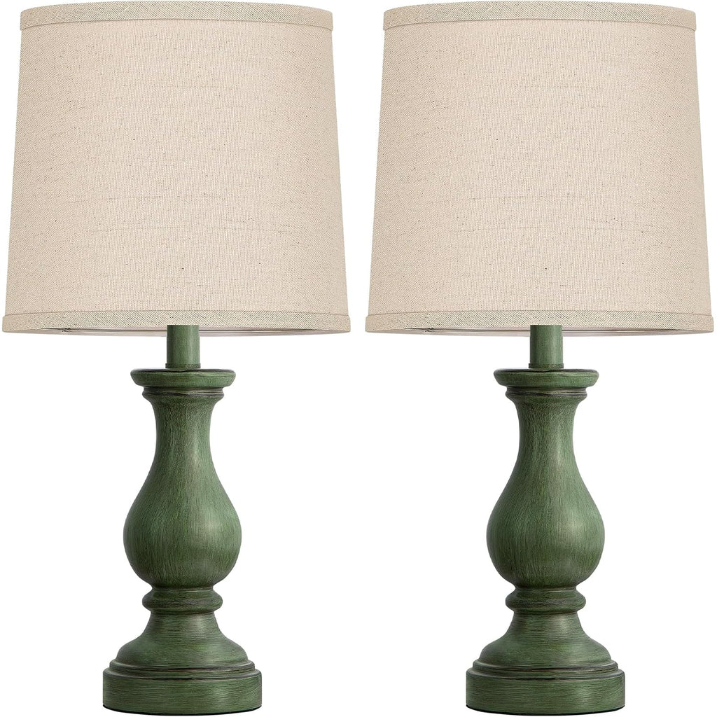 Farmhouse Table Lamps Set Of 2 - Rustic Lamp For Bedroom Living Room, 22" Boho Bedside Lamps For Night Stands End Table Office Desk Lamp Nightstand With Linen Shades(Antique Green)