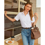 Siliteelon Short Sleeve Button Dress Shirts For Women Cotton Button Down Shirts For Women Slim Fit Blouse Top 3/4 Sleeve