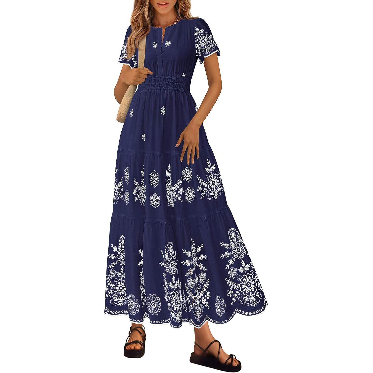 Prettygarden Summer Dresses For Women 2026 Floral Boho Maxi Spring Casual Short Sleeve V Neck Elastic Waist Dress Pockets