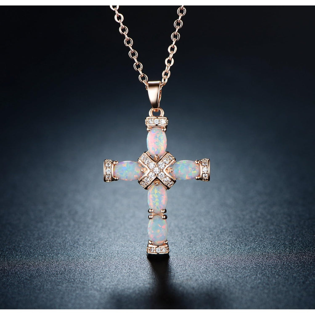 Barzel 18K Gold Plated Created Opal Cross with Chain, 18 Inches with 2 Inches Extension
