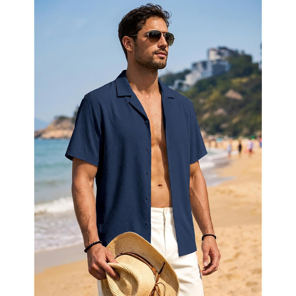 Eklentson Mens Button Down Shirt Short Sleeve Textured Cuban Shirts Lightweight Breathable Summer Beach Casual Shirt