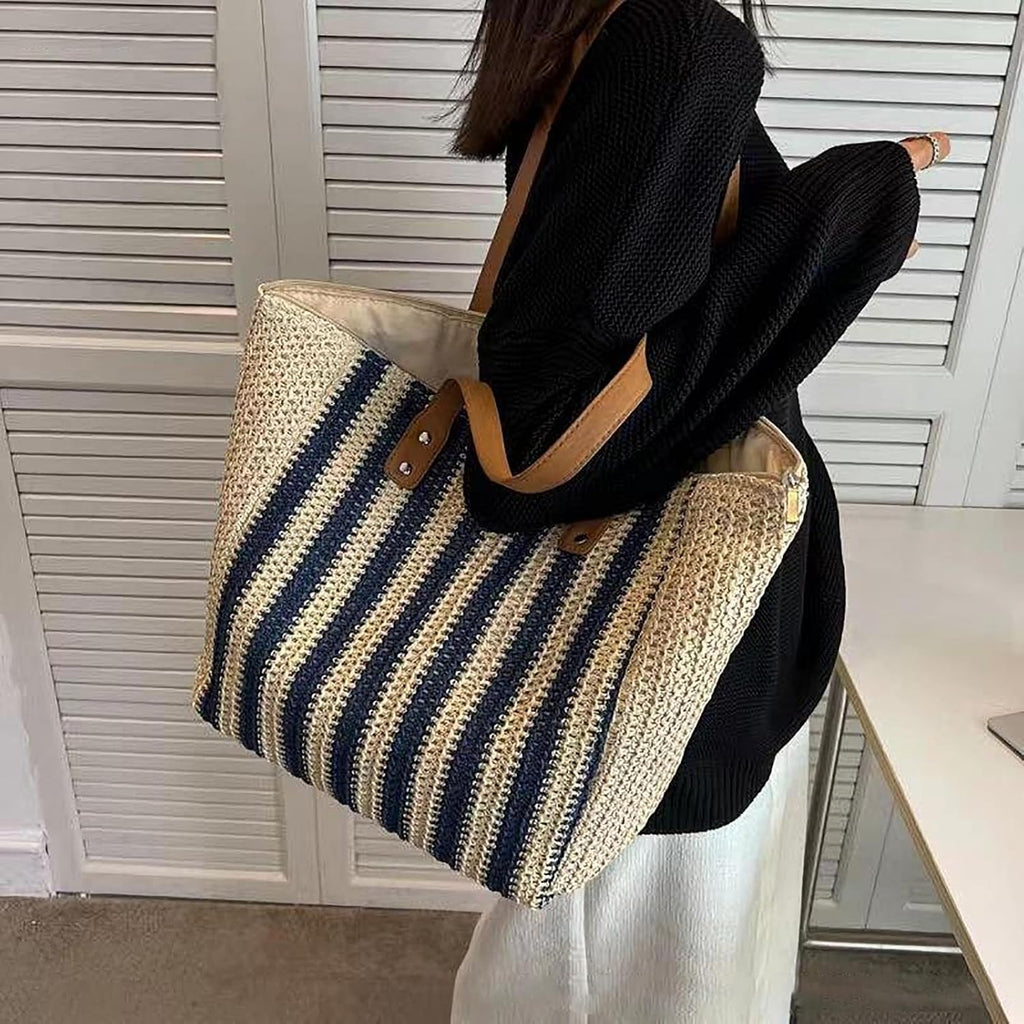 Handmade Woven Striped Tote Bag,Vintage Shoulder Bag,Summer Straw Beach Bag For Women,Blue,1 Piece