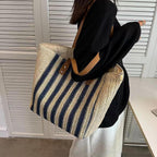 Handmade Woven Striped Tote Bag,Vintage Shoulder Bag,Summer Straw Beach Bag For Women,Blue,1 Piece