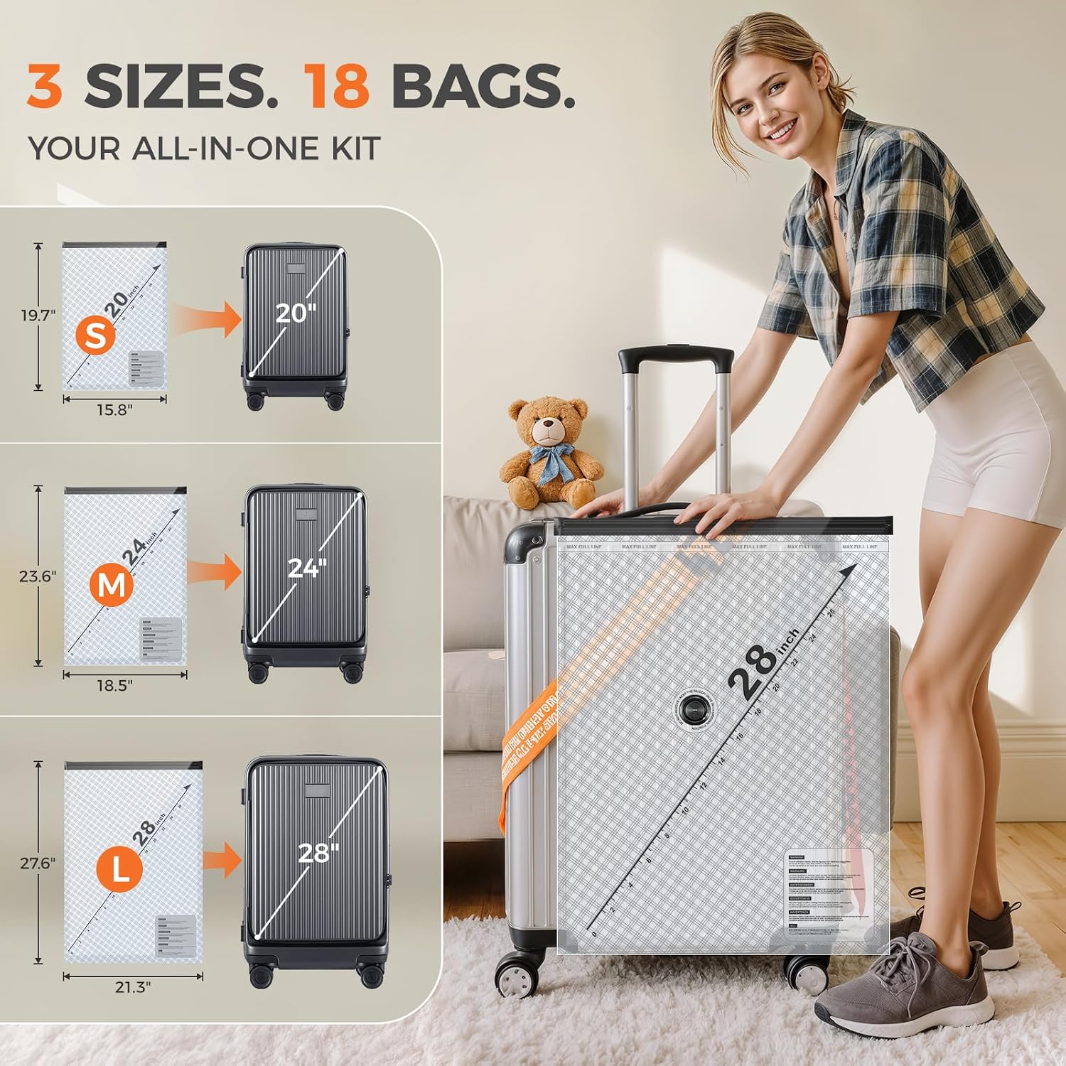 18-Pack Vacuum Bags For Travel With Rechargeable Pump, Compression Packing Bags For Carry-On Luggage & Suitcase, Vacuum Seal Bags For Clothing, 3 Sizes For Travel & Home Storage