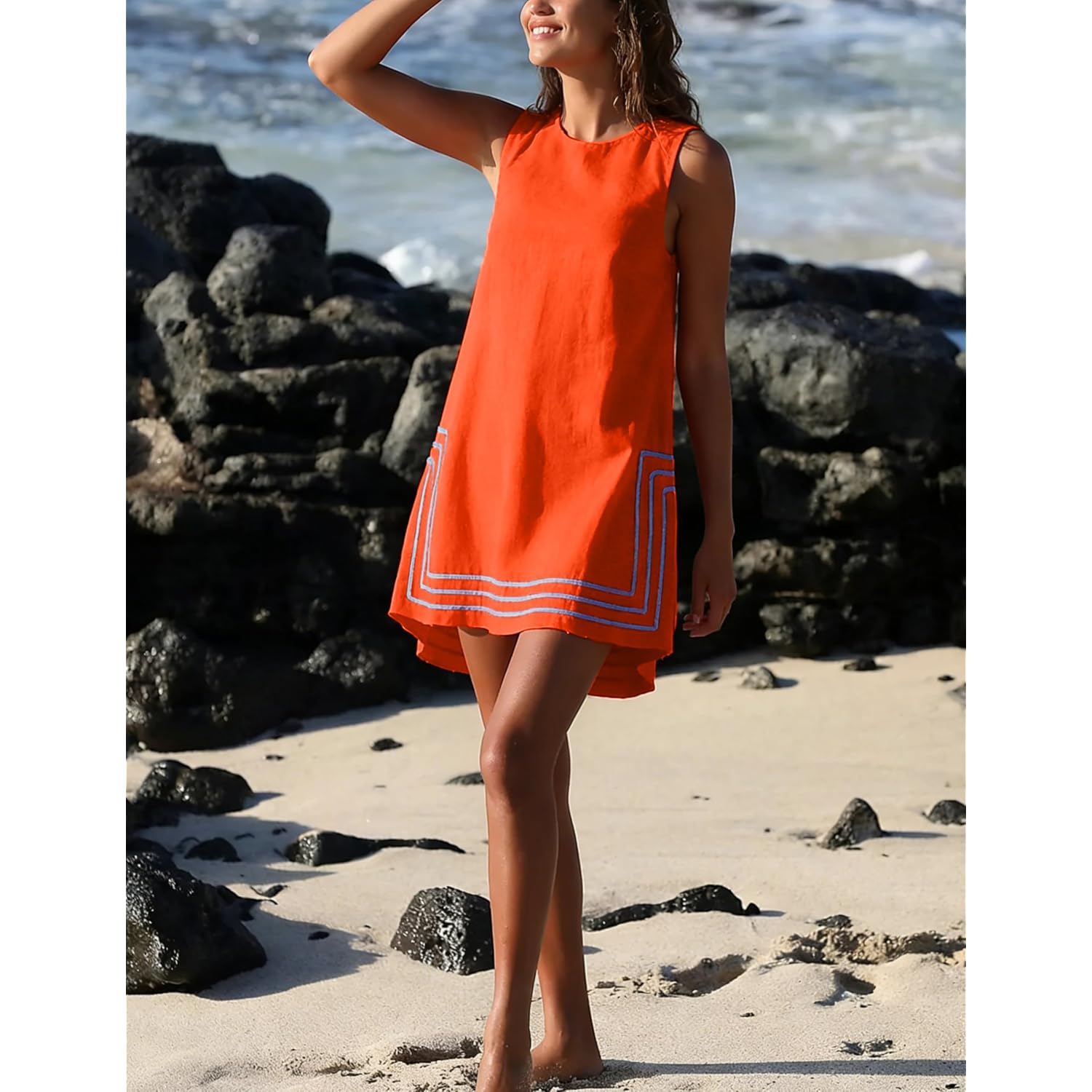 Womens Summer Boho A-Line Mini Dress Sleeveless Sundress Color Block Beach Coverups