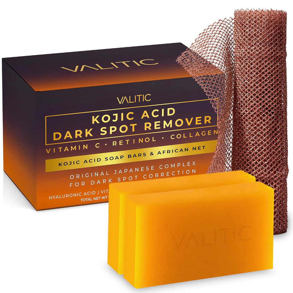 Valitic Kojic Acid Dark Spot Soap With Turmeric, Vitamin C, Retinol - Original Japanese Complex With Hyaluronic Acid, Vitamin E, Shea Butter, Castile Olive Oil - 2 Pack And African Net Sponge