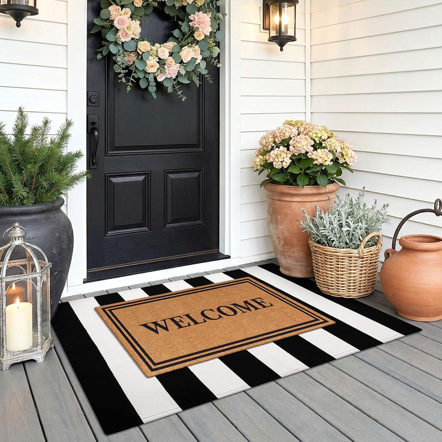 KOZYFLY Black and White Area Rug 27.5x43 Inches Striped Front Door Rug Cotton Washable Indoor Outdoor Rug Doormats Outdoor Small Striped Rugs for Kitchen Entryway Patio Front Porch Decor