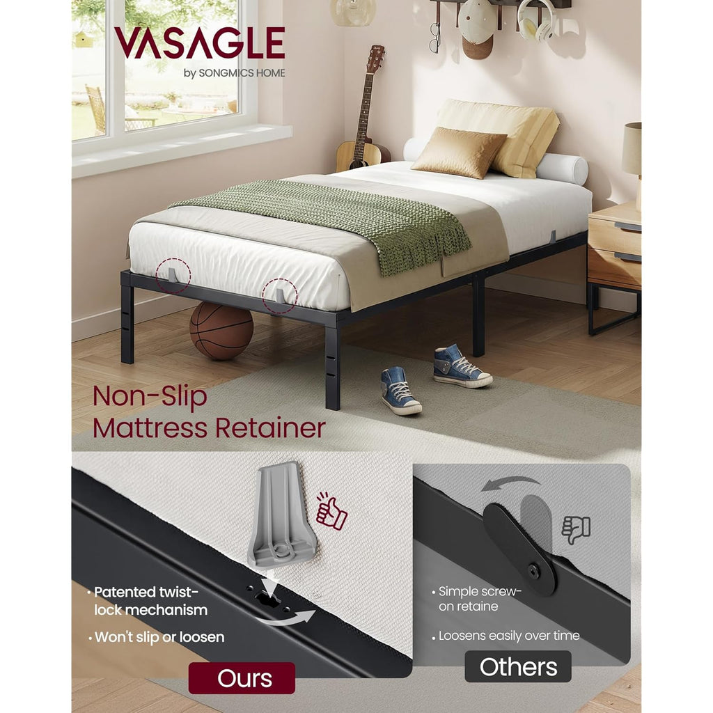 VASAGLE Twin Metal Bed Frame 14 Inches Tall, 550 lb Weight Capacity, No Box Spring Needed, with Under-Bed Storage, Easy Setup, Heavy-Duty Platform Bed, Mattress Retainers, Matte Black URMB653BD02S