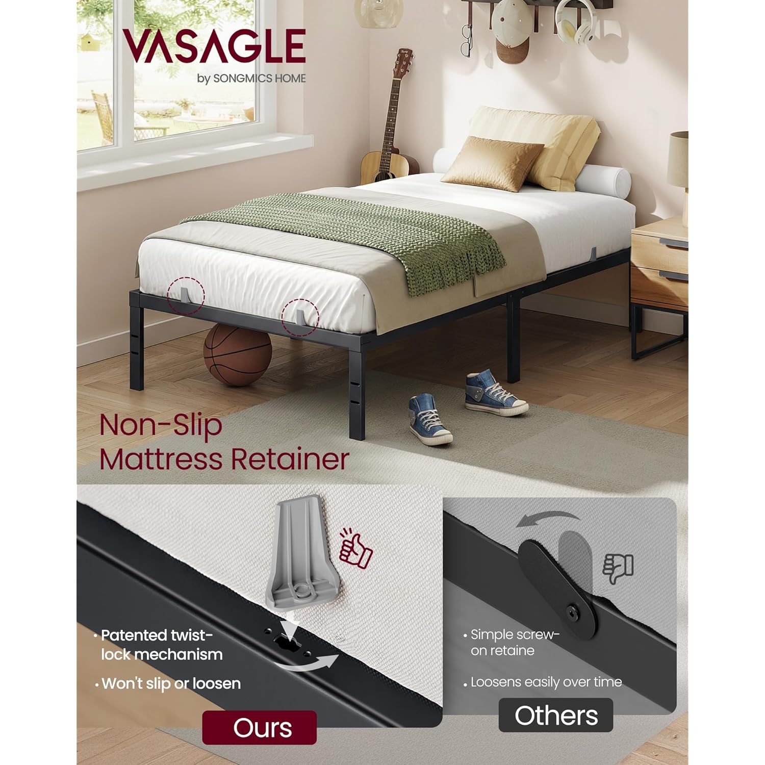 VASAGLE Twin Metal Bed Frame 14 Inches Tall, 550 lb Weight Capacity, No Box Spring Needed, with Under-Bed Storage, Easy Setup, Heavy-Duty Platform Bed, Mattress Retainers, Matte Black URMB653BD02S