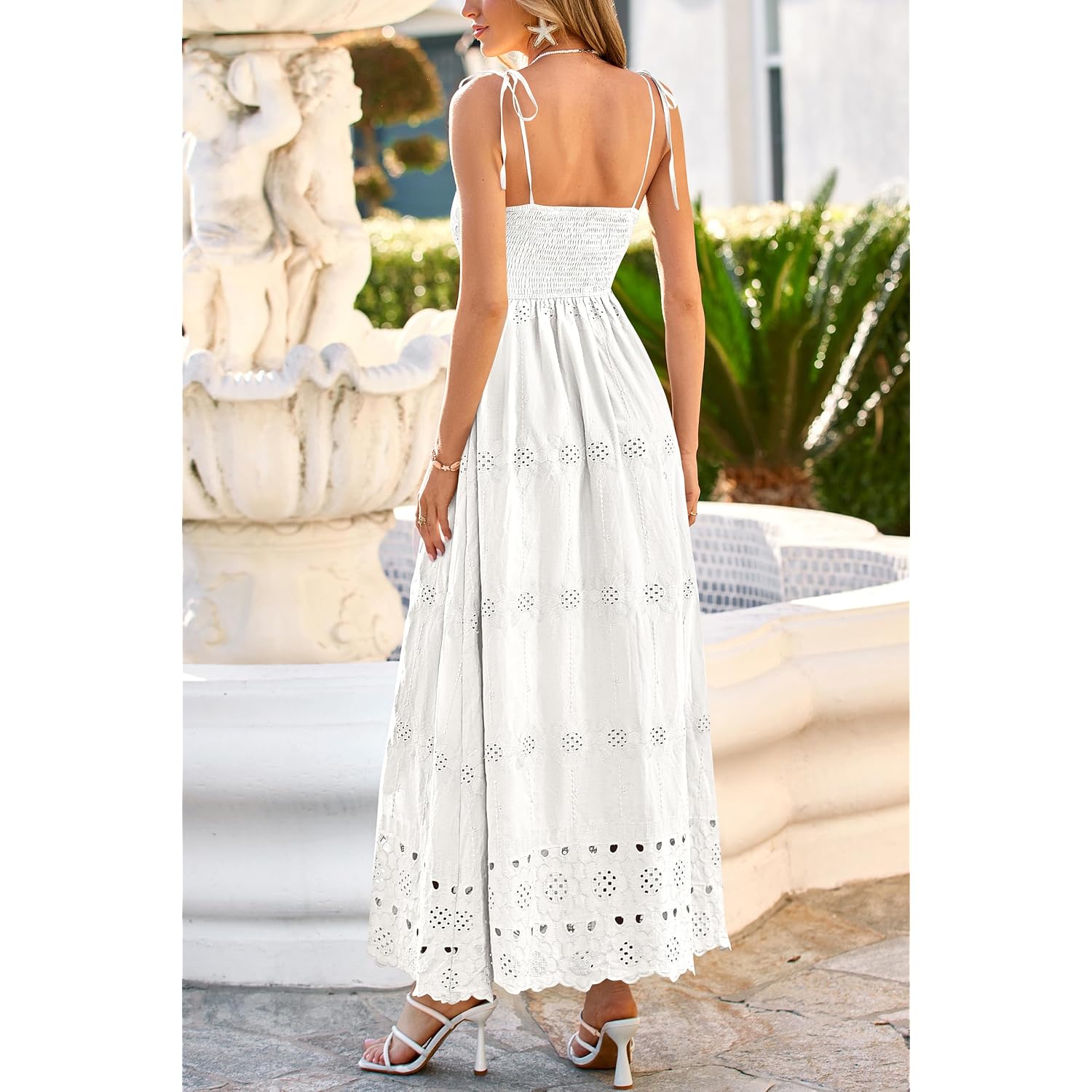 Dowerme Womens Summer Maxi Dresses 2026 Casual Spaghetti Strap Smocked Eyelet Cotton Dress Long Beach Vacation Sundress