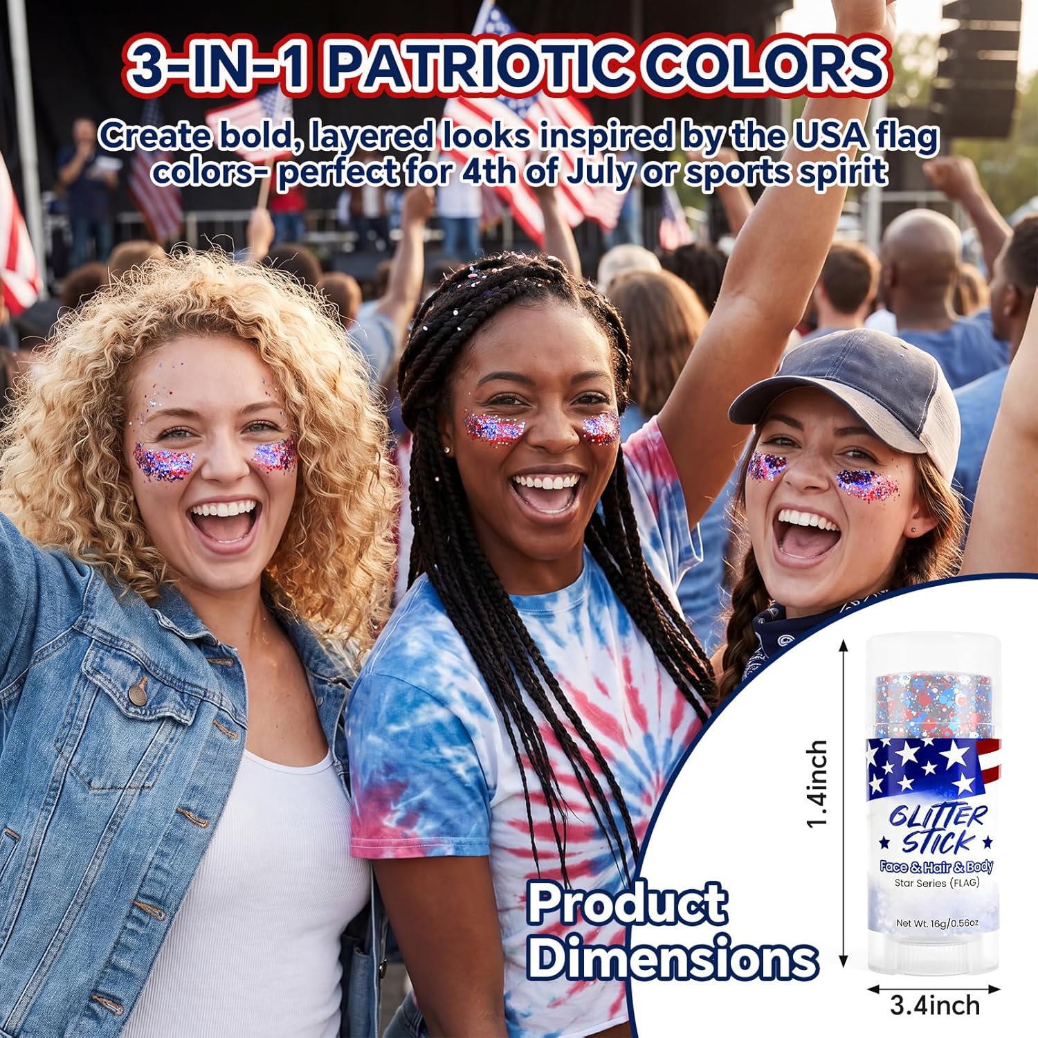 Red White Blue Sparkle Patriotic Glitter Stick - Face Hair Body Glitter, Waterproof, 4th of July 250th Independence Day USA Flag Makeup, Soccer World Cup, Memorial Veterans President's Day