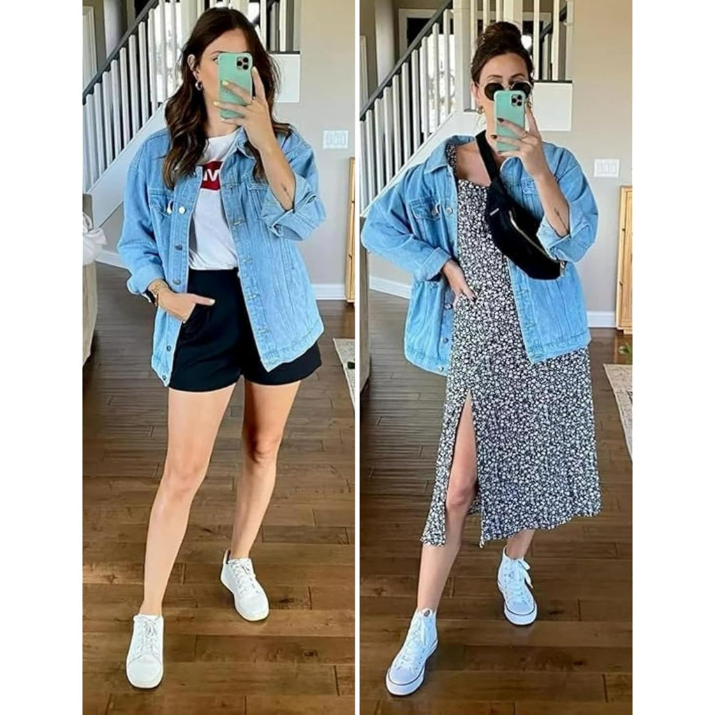 Women'S Oversized Mid Long Denim Jacket Jean Biker Coat