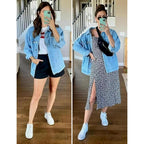 Women'S Oversized Mid Long Denim Jacket Jean Biker Coat
