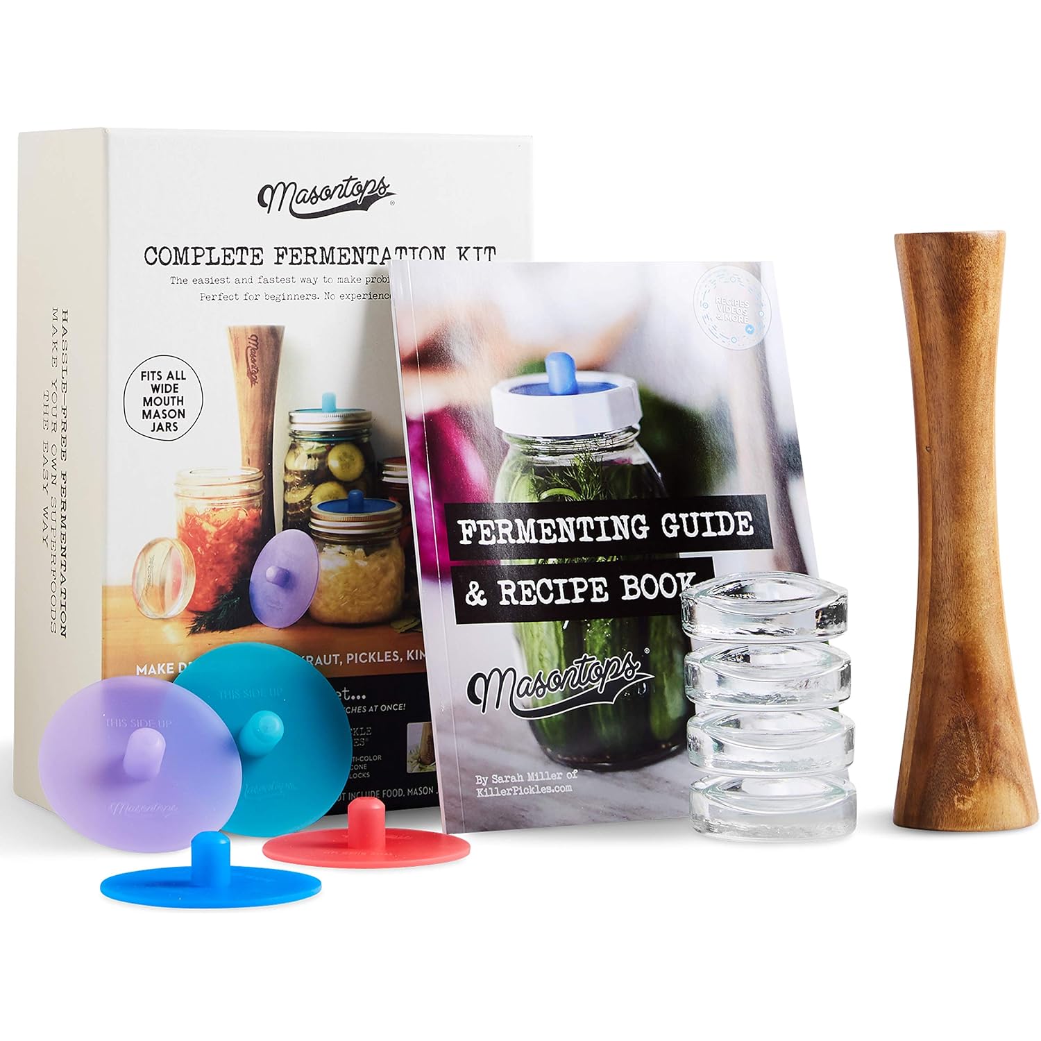 Masontops Complete Mason Jar Fermentation Kit - Pickle Kit, Sauerkraut Making Kit Kimchi Container - Fermentation Airlock Lids Wide Mouth Mason Jars