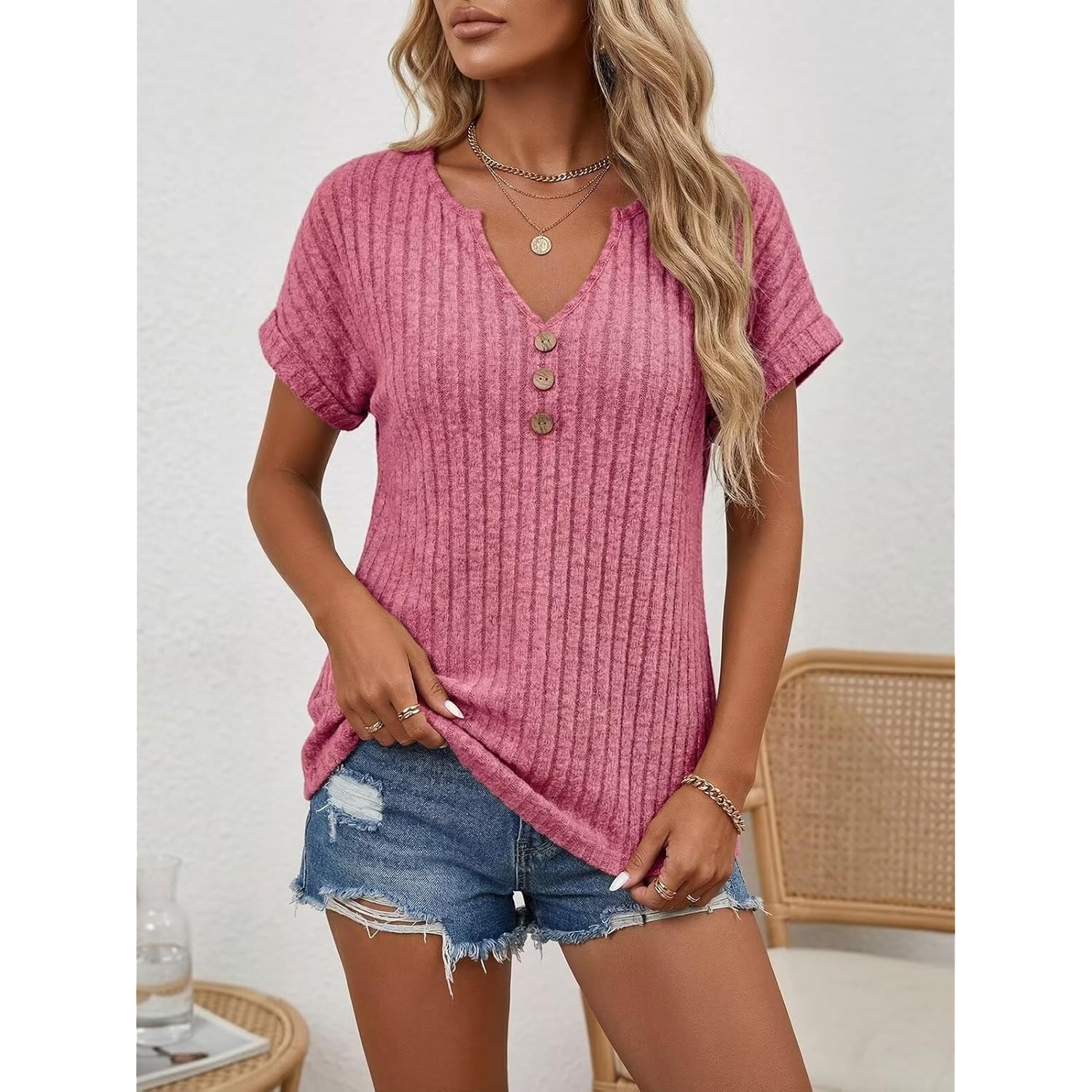Womens Relaxed Fit Tunic Tops,Short Sleeve V Neck Ribbed Knit Shirts,Flowy Summer Blouse for Leggings
