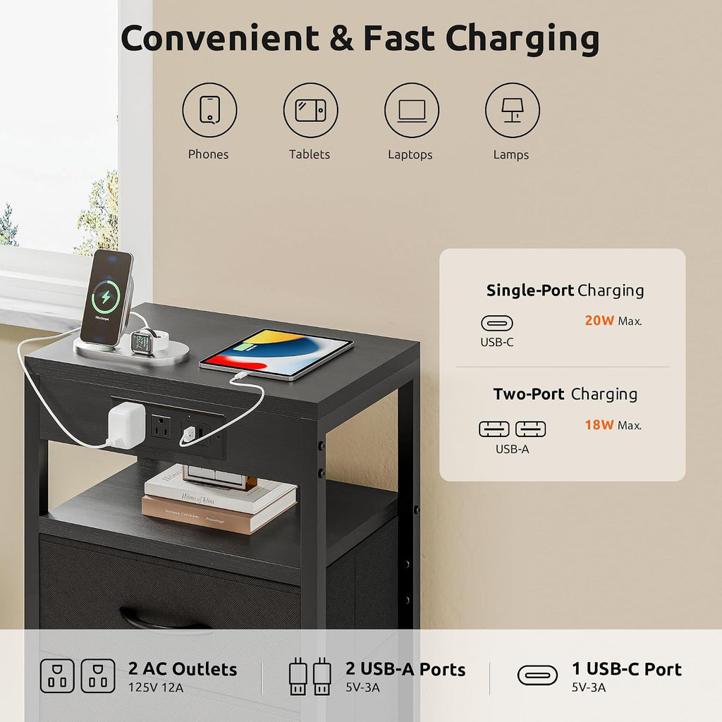 Night Stand With Charger Station For Bedroom, Black Nightstand | Bedside Table, Open Shelf, 2 Fabric Drawers, Built In Usb-A, Usb-C Port & Ac Outlets, For Dorm, Living Room, Bedroom