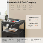 Night Stand With Charger Station For Bedroom, Black Nightstand | Bedside Table, Open Shelf, 2 Fabric Drawers, Built In Usb-A, Usb-C Port & Ac Outlets, For Dorm, Living Room, Bedroom
