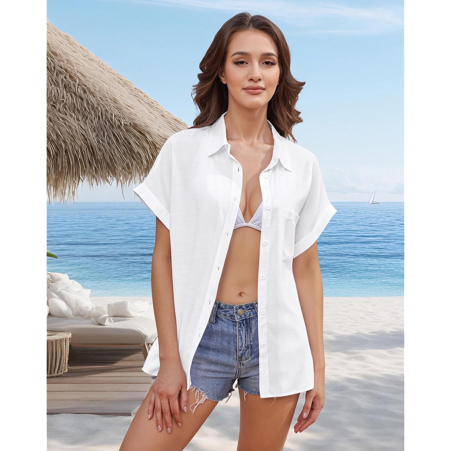 Womens Cotton Linen Button Down Shirts Casual Short Sleeve Solid Summer Blouses Tops with Pocket